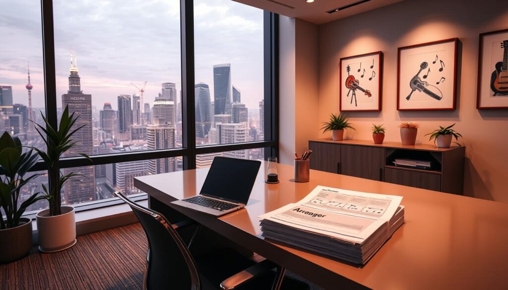 A modern office interior with an elegant desk, ergonomic chair, and a large window overlooking a bustling city skyline. Warm lighting casts a soft glow, creating a professional yet inviting atmosphere. On the desk, a laptop, pen holder, and a stack of job listings highlighting "アレンジャー" positions. The walls are adorned with music-themed artwork, hinting at the creative nature of the role. Potted plants and minimal decor add a touch of tranquility, reflecting the harmonious coordination required of an arranger. The scene conveys a sense of opportunity and potential for those interested in a dynamic, music-focused career.