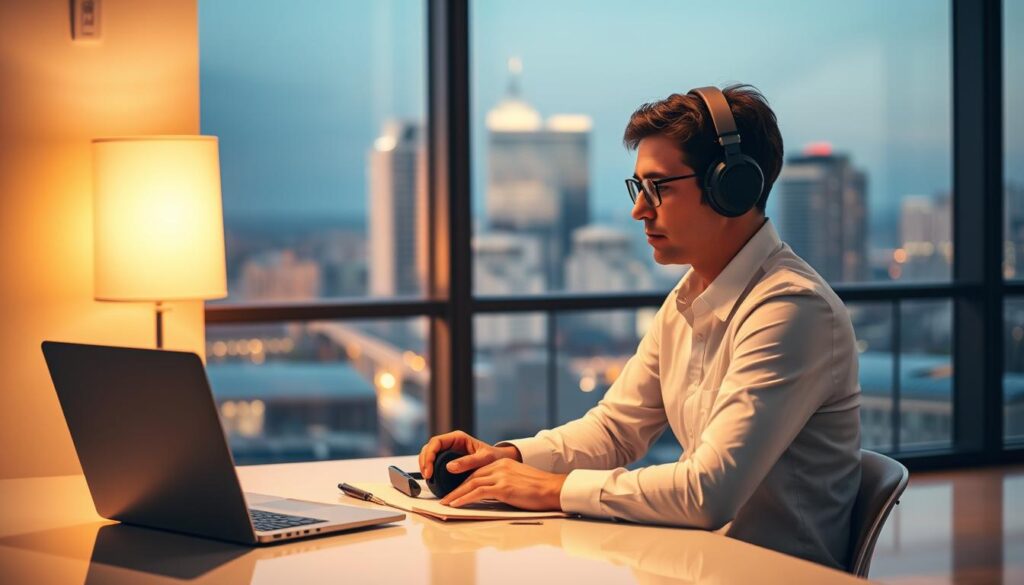 A modern office interior with an interpreter sitting at a desk, focused on their work. Warm, soft lighting illuminates the scene, creating a calm and professional atmosphere. The desk is organized with a laptop, notepad, and headphones, reflecting the interpreter's technological tools. In the background, a large window offers a view of a cityscape, emphasizing the global nature of the interpreter's work. The room is clean, minimalist, and free of clutter, prioritizing functionality and safety. The interpreter's posture is upright and attentive, conveying their dedication to the task at hand and the importance of safety protocols in their field.