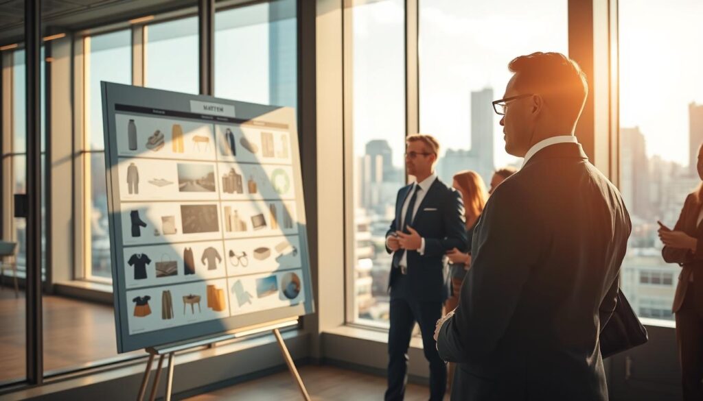 A modern office interior with floor-to-ceiling windows, bathed in warm, natural light. In the foreground, a well-dressed businessperson, likely a buyer, stands before a large display board showcasing various products and market trends. The middle ground features a team of colleagues engaged in lively discussion, gesturing towards the display, while the background reveals a bustling cityscape beyond the windows, symbolizing the dynamic nature of the buyer's role. The scene conveys a sense of forward-thinking, collaborative decision-making, and the ability to anticipate and capitalize on emerging market opportunities.