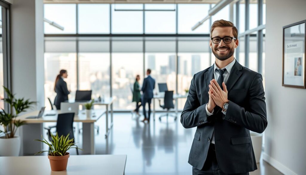 A modern office interior with natural light streaming through floor-to-ceiling windows. In the foreground, a professional-looking person in business attire stands with a confident smile, hands clasped as if delivering good news. Behind them, a tidy desk with a laptop, a potted plant, and a framed diploma on the wall convey a sense of accomplishment and readiness for the next chapter. The middle ground features other office workers going about their tasks, while the background showcases the dynamic cityscape outside, hinting at the broader opportunities awaiting the person. The overall mood is one of anticipation, positivity, and a smooth transition to a new phase of their career.