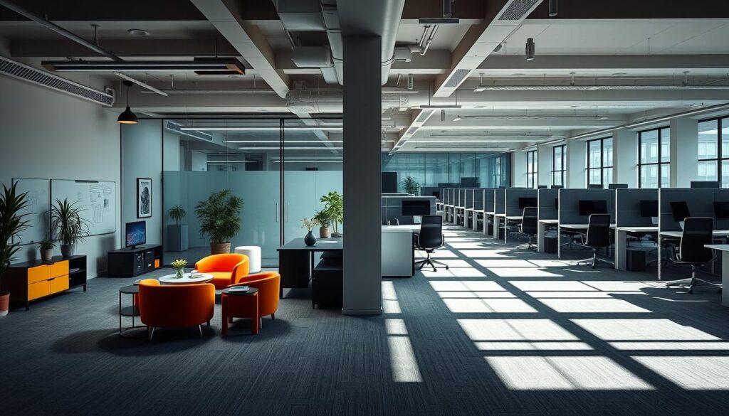 A modern office interior with two contrasting work environments - a small, agile startup workspace on the left, and a large, corporate office on the right. The startup space is filled with colorful, minimalist furniture, whiteboards, and a relaxed, collaborative atmosphere. The corporate office features sleek, monochrome desks, rigid cubicles, and an impersonal, hierarchical vibe. Dramatic lighting casts long shadows, symbolizing the distinctions between the nimble, innovative startup and the well-established, bureaucratic enterprise. The scene conveys the fundamental differences in culture, structure, and mindset between these two business entities.
