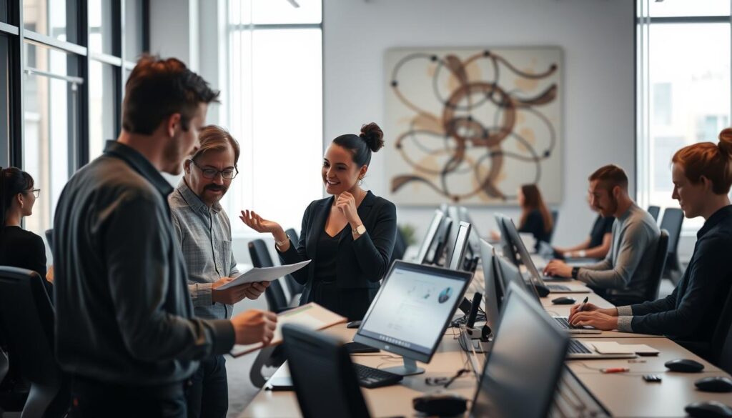 A modern office setting, illuminated by soft, diffused natural light filtering through large windows. In the foreground, a group of professionals engaged in a collaborative discussion, gesturing animatedly as they review documents and digital displays on their desks. The middle ground features rows of ergonomic workstations, each occupied by a focused individual, typing or sketching ideas. In the background, a large, abstract art piece adorns the wall, creating a sense of creativity and innovation. The overall atmosphere conveys a productive, yet relaxed work environment that fosters idea-sharing and professional development.