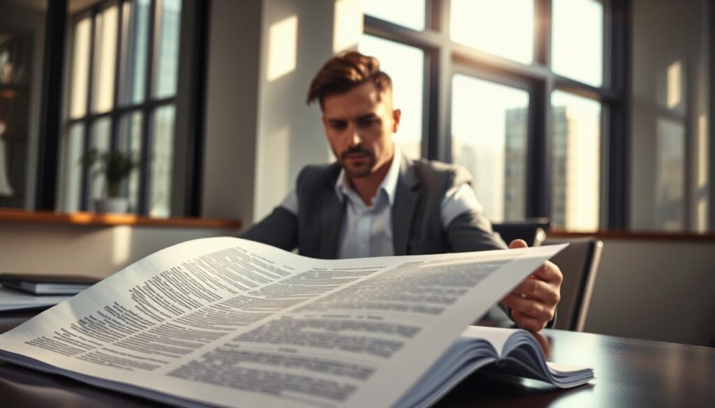 A modern office setting with a businessperson sitting at a desk, contemplating a legal document. Crisp, natural lighting streams through large windows, casting a warm glow on the scene. In the foreground, the document lies open, its pages filled with intricate fine print. The subject's brow is furrowed, expression thoughtful, as they consider their options for challenging the contract's validity. The background is clean and minimalist, drawing the viewer's focus to the central figure and the document at hand. The overall mood is one of diligence and determination, as the individual seeks to understand their rights and take appropriate legal action.