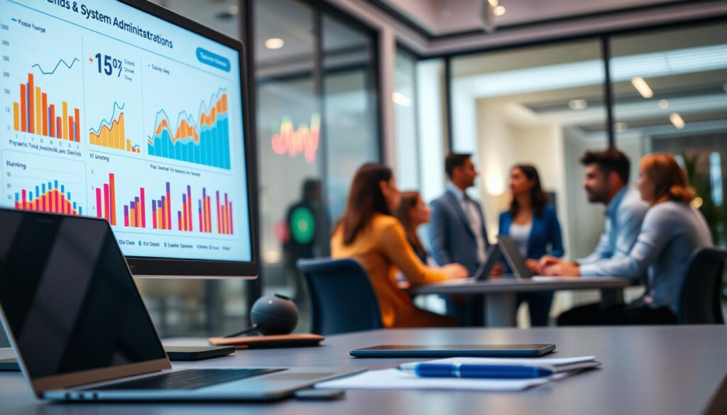 A modern office setting with a large computer screen displaying vibrant, colorful data visualizations and charts depicting hiring trends for system administrators. The foreground features a desk with a laptop, pen, and notepad, while the middle ground showcases a diverse team of professionals engaged in discussion. The background is softly blurred, emphasizing the focus on the data and analysis. The lighting is soft and warm, creating a professional and informative atmosphere. The angle is slightly elevated, providing an overview of the scene. The overall mood is one of data-driven insights and informed decision-making.
