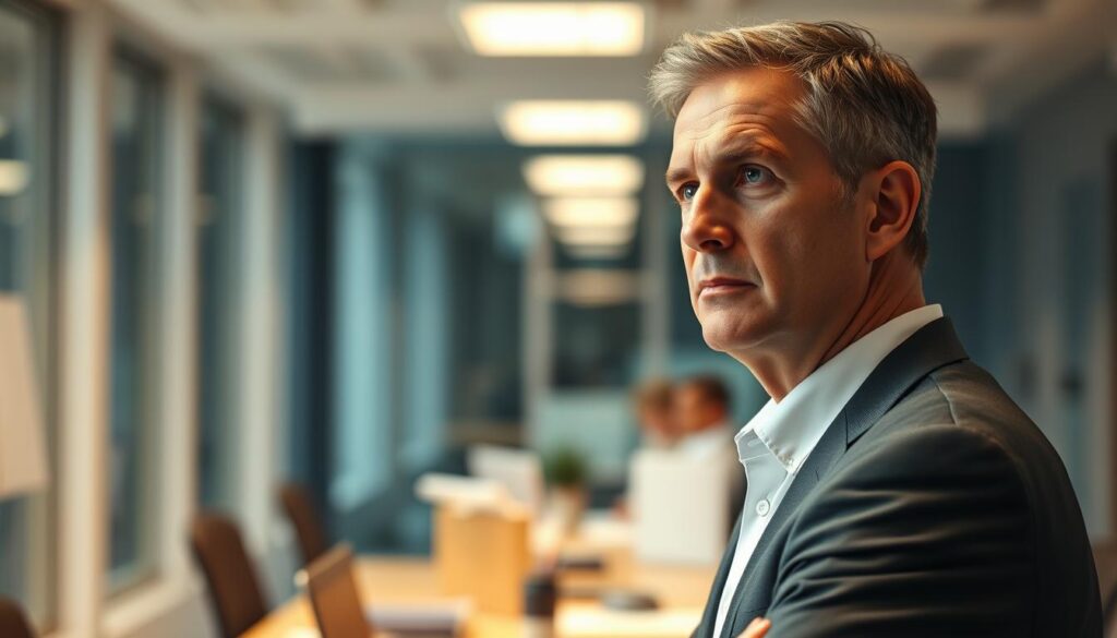 A modern office setting with a middle-aged professional in business attire, standing at a desk and engaged in deep thought. The foreground features the person's focused expression, with details like the crease in their brow and the pensive gaze. The middle ground shows the desk with various office supplies and a laptop, suggesting the analytical nature of their work. The background is slightly blurred, revealing a bright, airy room with large windows, conveying a sense of openness and contemplation. Soft, diffused lighting from overhead creates a warm, contemplative atmosphere, highlighting the thoughtful demeanor of the subject. The scene evokes the role of a Fellow, a highly skilled and experienced professional, as they ponder their responsibilities and the impact of their work.