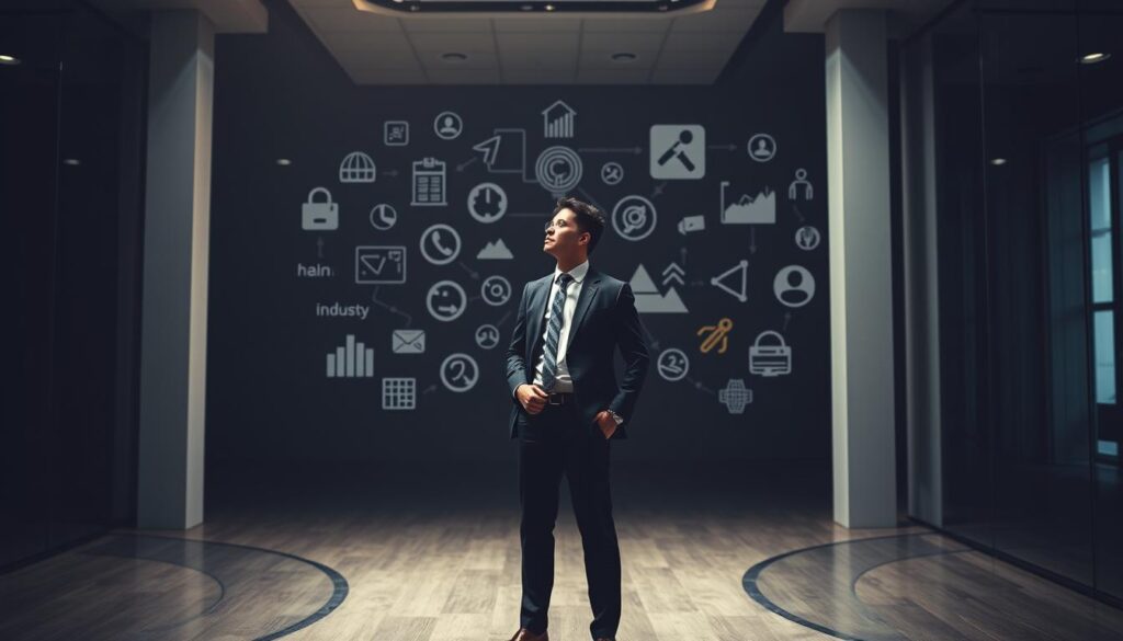 A modern office setting with a professional person standing at a crossroads, contemplating their career path. The foreground features the person, smartly dressed in a suit, gazing off into the distance with a thoughtful expression. The middle ground showcases a variety of career options and industry symbols, hinting at the challenges of transitioning to a new field. The background is dimly lit, creating a contemplative atmosphere, with geometric architectural elements suggesting the structure and strategy needed for a successful career shift. Soft, directional lighting illuminates the scene, emphasizing the decision-making process. The overall mood is one of focus, determination, and the potential for growth and discovery.