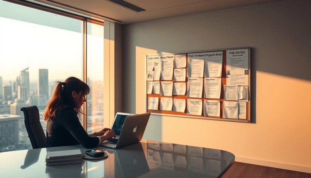 A modern office setting with a sleek, minimalist design. In the foreground, a person sitting at a desk, intently scrolling through a laptop screen, representing the search for job opportunities. The middle ground features a bulletin board filled with job postings, creating a sense of anticipation and possibility. The background showcases a large window overlooking a bustling city skyline, bathed in warm, diffused lighting that casts a serene, aspirational atmosphere. The overall scene conveys the focus, determination, and sense of opportunity inherent in the search for the perfect hair and makeup artist position.