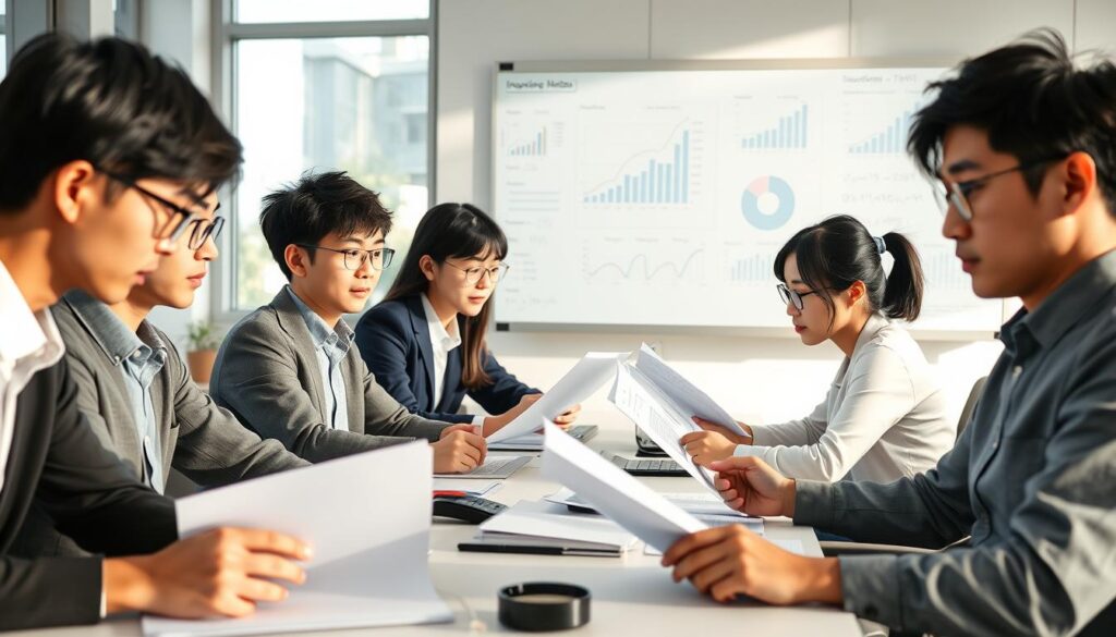 A modern office setting with a team of Japanese-looking actuaries in their 20s and 30s, working diligently at their desks. Soft natural lighting filters through large windows, creating a serene atmosphere. The actuaries are engaged in various tasks - analyzing data, running complex simulations, and collaborating on reports. Their expressions convey a sense of focus and intellectual engagement. In the background, a large whiteboard displays graphs, charts, and insurance-related formulas, reflecting the technical nature of their work. The overall scene captures the analytical, detail-oriented, and team-based nature of an actuary's daily responsibilities.