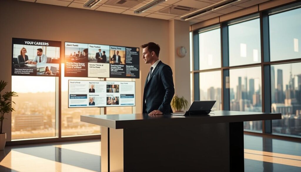 A modern office setting with a well-dressed professional standing at a large, sleek desk, deep in thought. The room is bathed in warm, natural lighting filtering through large windows, conveying a sense of contemplation and decision-making. The middle ground features a wall-mounted display showing various job opportunities, while the background showcases a cityscape with skyscrapers, hinting at the broader career landscape. The overall mood is one of careful consideration, as the subject navigates the process of choosing their next professional step.
