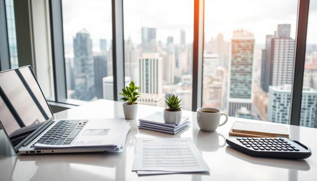 A modern office setting with a well-lit desk displaying various income sources. In the foreground, a laptop, a stack of financial documents, and a calculator symbolize digital and paperwork-based earnings. The middle ground showcases a small potted plant and a cup of coffee, representing the lifestyle supported by these income streams. The background features floor-to-ceiling windows overlooking a bustling city skyline, suggesting the prosperous urban environment enabling these revenue opportunities. The overall mood is one of professional productivity and financial stability.