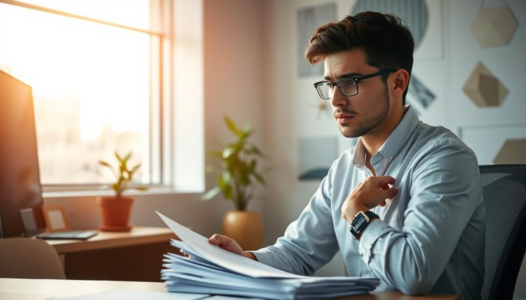 A modern office setting with an employee facing a new challenge. In the foreground, a person sitting at a desk, contemplating a stack of papers, their expression one of uncertainty. Soft lighting from a nearby window casts a warm glow, creating a sense of introspection. The middle ground features a potted plant, a reminder of the need to adapt to a new environment. In the background, abstract shapes and geometric patterns suggest the complexity of change, while a neutral color palette evokes a calming, professional atmosphere. The scene conveys the thoughtful process of acclimating to a new workplace, with the subject's pose and the overall composition reflecting the section title's focus on "tips for adapting to a new environment."