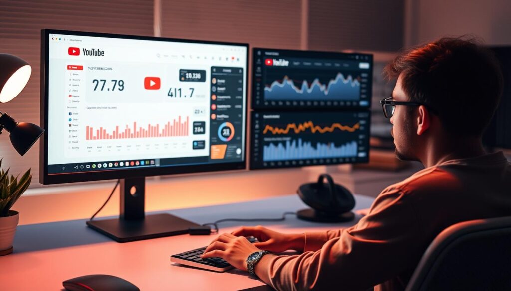 A modern office setup with a large computer display showcasing various YouTube analytics and subscriber count data. In the foreground, a focused YouTuber sits at the desk, typing intently on a keyboard while studying the screen. Soft, warm lighting illuminates the scene, creating an atmosphere of determination and strategic focus. The background features minimalist decor and clean lines, emphasizing the YouTuber's laser-like concentration on growing their channel. The overall mood conveys a sense of purpose, professionalism, and a data-driven approach to building a successful YouTube presence.