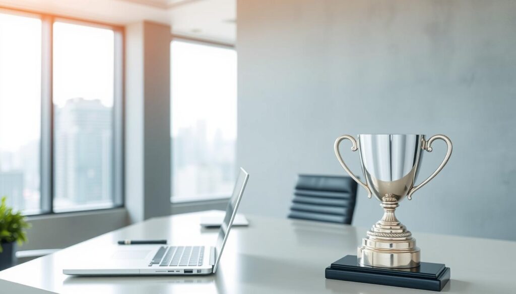 A modern office space with a clean, minimalist aesthetic. In the foreground, a well-organized desk with a laptop, stationery, and a sleek, silver trophy or plaque prominently displayed, representing the "Employment Promotion Retention Allowance" (就業促進定着手当). The middle ground features a large window overlooking a dynamic cityscape, bathed in soft, natural lighting. The background has a subtle, blurred gray wall, creating a sense of depth and professionalism. The overall mood is one of success, productivity, and financial stability, reflecting the content of the "Guide to Subsidies When Salary Decreases After Job Change" (転職後給料が下がった時の補助金についてのガイド) article.