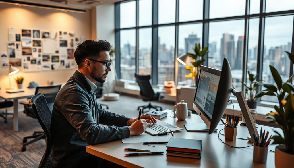 A modern office space with a design professional working diligently at their desk. In the foreground, the designer is intently focused on their computer screen, pen in hand, surrounded by inspiration boards, sketches, and design tools. The middle ground features ergonomic furniture, warm lighting, and minimalist decor that cultivates a productive, creative atmosphere. In the background, large windows offer a scenic cityscape view, complementing the overall aesthetic. The overall mood is one of thoughtful concentration, technological innovation, and design excellence, reflecting the multifaceted role of a design producer.