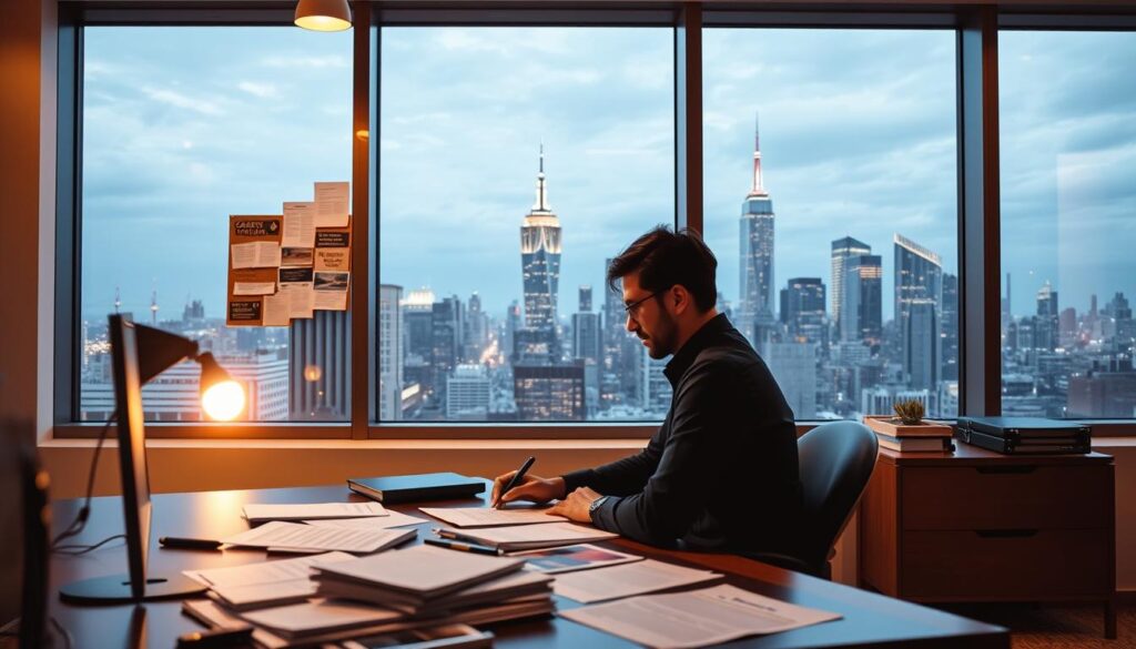 A modern office space with a large window overlooking a bustling city skyline. In the foreground, a person sits at a desk, intently studying various documents and notes spread out before them. The lighting is warm and inviting, casting a soft glow across the scene. The middle ground features a cork board adorned with job postings, career advice, and motivational quotes, hinting at the central theme of career transitions. In the background, the cityscape is visible, reflecting the diverse opportunities and possibilities that await the individual on their professional journey. The overall atmosphere conveys a sense of thoughtfulness, determination, and a strategic approach to navigating a career change.