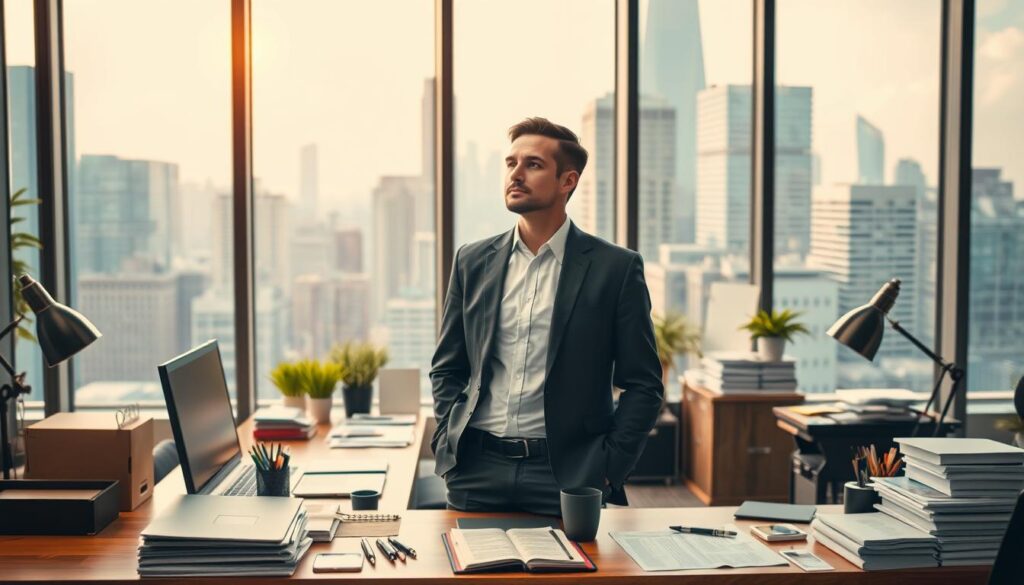 A modern office space with a professional businessman standing at the center, surrounded by a variety of office supplies and equipment. The scene is well-lit, with warm, natural lighting filtering in through large windows that offer a view of a bustling city skyline in the background. The businessman has a contemplative expression, deep in thought as he considers the challenges and opportunities of striking out on his own as an independent practitioner. The overall atmosphere conveys a sense of focus, ambition, and the anticipation of a new chapter in one's career.