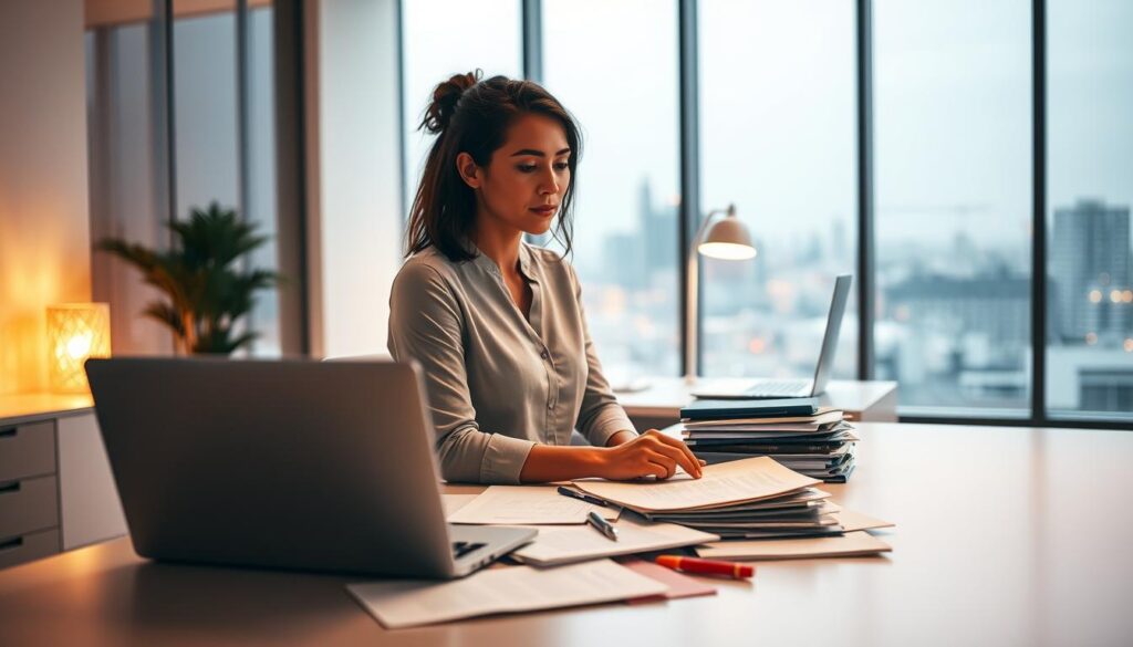 A modern office space with a woman sitting at a desk, surrounded by research materials. Warm, ambient lighting illuminates the scene, creating a focused and contemplative atmosphere. In the foreground, a laptop, folders, and notes are neatly organized, reflecting the diligent research process. The middle ground features a sleek, minimalist desk, while the background showcases a large window overlooking a cityscape, symbolizing the broader considerations and perspectives being explored. The overall composition conveys a sense of determination and thoughtfulness as the woman prepares for her next career move.