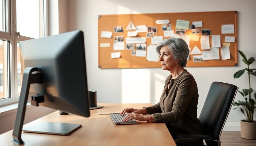 A modern office workspace with a woman in her 50s sitting at a desk, intently focused on her laptop screen. The desk is neatly organized, with a sleek monitor, keyboard, and mouse. Warm, natural lighting filters in through large windows, creating a pleasant, productive atmosphere. On the wall behind her, a corkboard displays various professional connections, signifying the woman's active networking efforts. The room is clean and minimalist, allowing the subject to take center stage. The overall tone conveys a sense of determination and resourcefulness as the woman navigates her career transition.