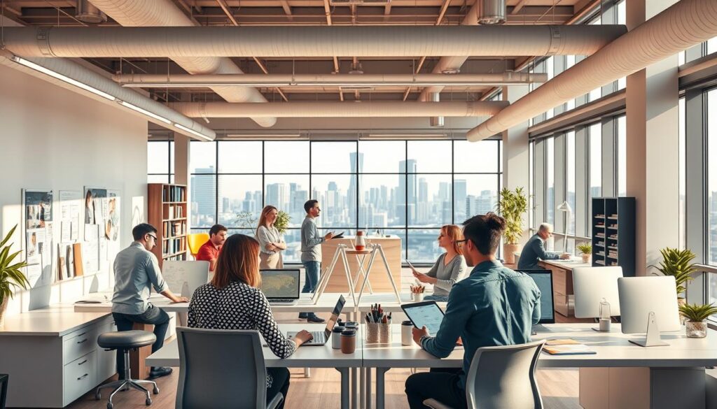 A modern open-plan office space, bathed in warm, natural lighting. In the foreground, a group of graphic designers collaborating at sleek, minimalist desks. They are engaged in animated discussions, surrounded by mood boards, design mockups, and digital tablets. In the middle ground, a well-stocked coffee bar and relaxation area, where employees unwind and recharge. The background features floor-to-ceiling windows overlooking a vibrant city skyline, symbolizing the dynamic nature of the industry. The overall atmosphere conveys a sense of creativity, innovation, and a progressive approach to work-life balance.