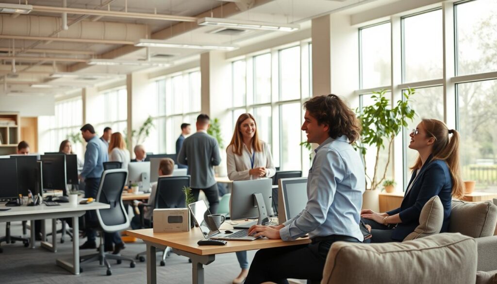 A modern open-plan office with a team of dedicated university staff engaged in collaborative work and discussions. Bright, airy atmosphere with ample natural light filtering through large windows. Ergonomic workstations, standing desks, and comfortable lounging areas foster a dynamic, focused work environment. The staff, dressed in professional attire, exhibit a sense of purpose and engagement, their expressions conveying a balance of productivity and well-being. Subtle accents of the university's branding and decor elements tie the scene together, reflecting the institution's commitment to work-life balance and employee satisfaction.