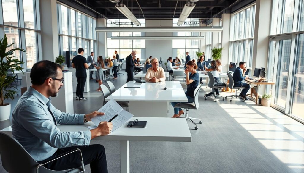 A modern open-plan office with abundant natural light streaming through large windows. In the foreground, a diligent general manager sits at a minimalist desk, reviewing reports and making notes on a tablet. Behind them, colleagues collaborate in small groups, gesturing animatedly as they discuss projects. The middle ground features a sleek conference table where an important meeting is taking place, the participants engaged in lively discussion. In the background, the office is abuzz with activity - employees typing at workstations, making phone calls, and meeting in casual huddles. An atmosphere of focused productivity and professional camaraderie pervades the scene.