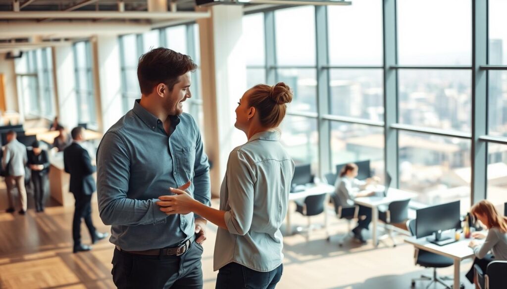 A modern open-plan office with bright, natural lighting. In the foreground, two co-workers engaged in a friendly conversation, their body language conveying openness and rapport. In the middle ground, small groups collaborating at shared desks, exchanging ideas and building professional connections. In the background, a panoramic view of the cityscape visible through floor-to-ceiling windows, symbolizing the broader professional network. The overall mood is one of collaborative, positive workplace dynamics, where employees feel comfortable building meaningful interpersonal relationships.