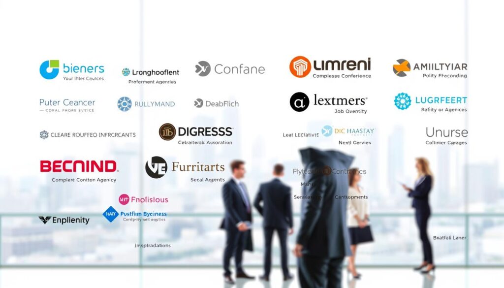 A modern, professional-looking comparison of various job placement agencies against a minimalist background. In the foreground, detailed depictions of different agencies' logos, branding, and service offerings. In the middle ground, well-dressed office workers discussing employment options. The background features a softly blurred cityscape, conveying a sense of urban prosperity and opportunity. The lighting is clean and directional, creating depth and highlighting the key elements. The overall tone is informative, authoritative, and visually appealing, suitable for a career-focused article.