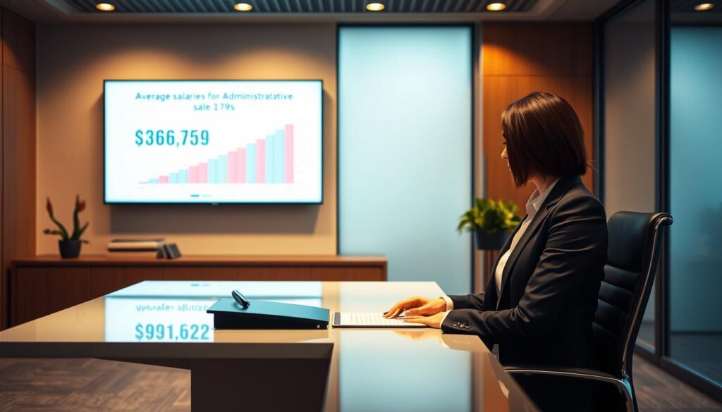 A modern, professional office interior with a well-dressed secretary sitting at a sleek, minimalist desk. Warm, indirect lighting casts a soft glow, creating an atmosphere of quiet productivity. The secretary's face is obscured, but their posture and elegant attire suggest confidence and competence. In the background, a wall-mounted display shows a data visualization of average salaries for administrative professionals. The overall scene conveys the high-level, influential role of a corporate secretary and the financial rewards associated with the position.