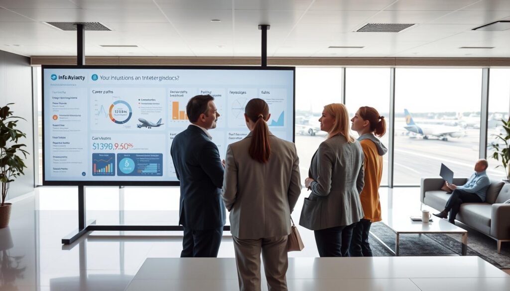 A modern, professional office setting showcasing the aviation industry's common questions and expert guidance. In the foreground, a group of aviation industry professionals engaged in a discussion, their expressions conveying curiosity and consideration. The middle ground features a large interactive display board, presenting infographics and data visualizations addressing key topics such as career paths, salaries, and required skills. The background depicts an expansive, well-lit workspace with sleek, minimalist furniture and large windows overlooking a bustling airport tarmac. Soft, directional lighting illuminates the scene, creating a sense of professionalism and authority. The overall atmosphere conveys a collaborative, problem-solving environment where aviation industry experts provide insightful answers to common questions.
