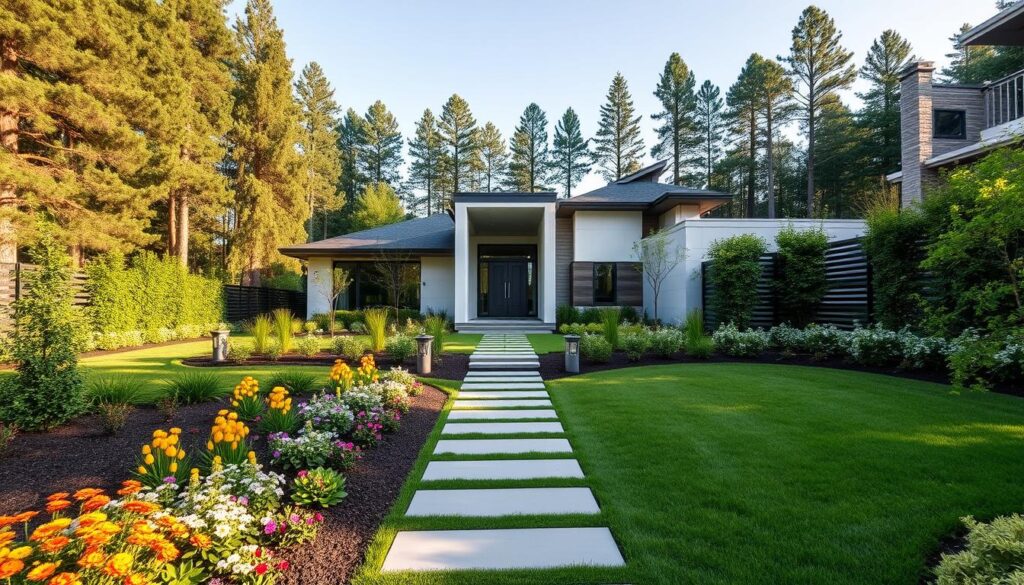 A modern residential exterior with a well-designed landscape and hardscape elements. The foreground features a neatly manicured garden with colorful flowers and a stone pathway leading to the entrance. The middle ground showcases a sleek, minimalist home with clean lines, large windows, and a prominent entryway. The background is filled with tall trees and shrubs, creating a sense of privacy and tranquility. The lighting is soft and natural, highlighting the textures and materials used throughout the design. The overall atmosphere conveys a harmonious blend of functionality, aesthetic appeal, and environmental integration, reflecting the essential skills required for exceptional exterior design.