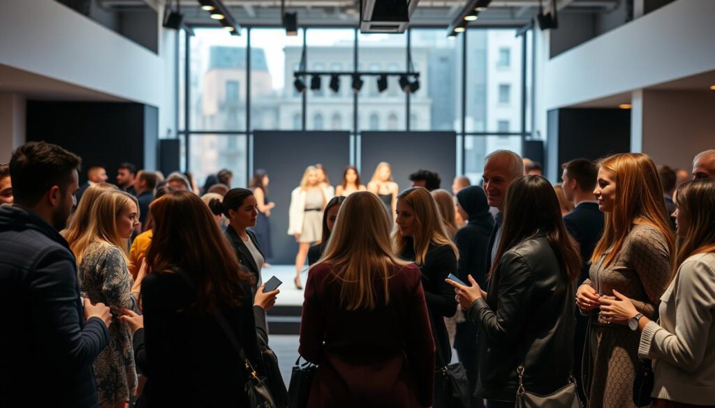 A modern, stylish fashion industry networking event in a chic urban setting. In the foreground, a diverse group of fashion designers, stylists, and models engage in animated conversations, exchanging business cards and making connections. The middle ground features a catwalk or stage, where a fashion show is taking place, models showcasing the latest trends. In the background, a sleek, minimalist venue with floor-to-ceiling windows, allowing natural light to flood the space. Subtle mood lighting and an upbeat, energetic atmosphere create a sense of creativity, collaboration, and opportunity within the fashion world.