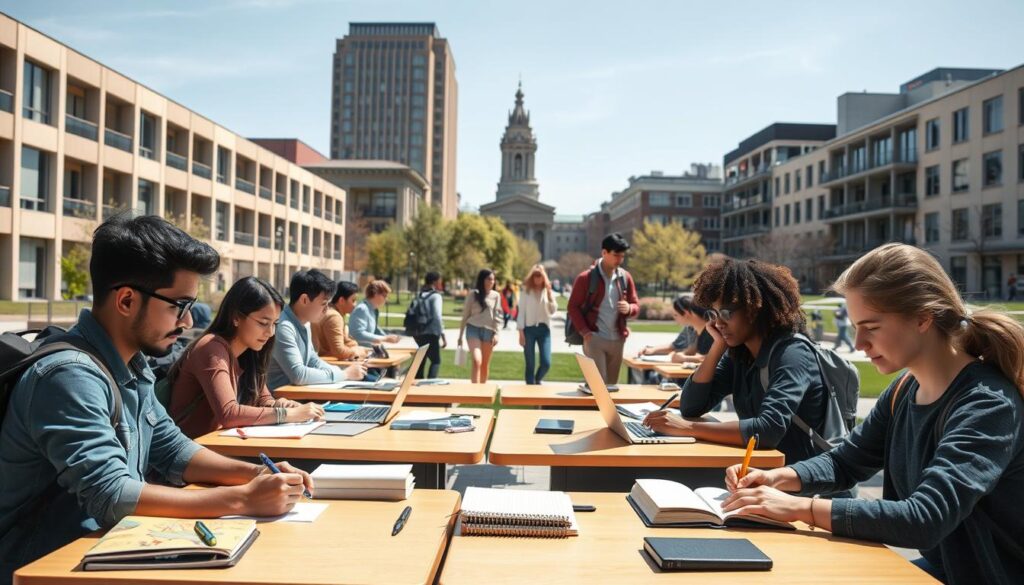 A modern university campus on a sunny day. In the foreground, a group of diverse students sit at desks, intently studying and taking notes. Textbooks, laptops, and stationery litter the tabletops, conveying a sense of dedicated academic preparation. The middle ground features students walking between classes, backpacks slung over their shoulders. Some pause to chat with friends, while others hurry to their next lecture. In the background, the campus buildings stand tall, a mix of contemporary and historic architecture. The lighting is crisp and natural, highlighting the focused, contemplative atmosphere. Overall, the scene embodies the essence of students diligently preparing for their future careers.