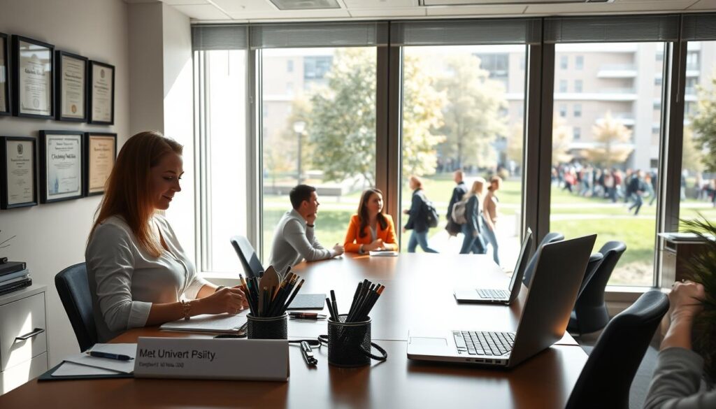 A modern university office, flooded with natural light from large windows. In the foreground, a desk with a nameplate, pens, and a laptop - the tools of a diligent, organized university staff member. On the walls, certificates and diplomas, signifying their dedication to education. In the middle ground, colleagues collaborating around a conference table, faces focused, minds engaged. The background depicts a bustling campus, students hurrying to class, a testament to the staff's role in supporting the academic endeavor. The atmosphere is one of quiet professionalism, a calm and focused energy pervading the scene.