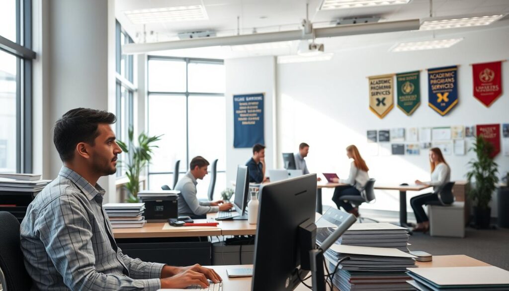 A modern university office interior, well-lit with natural light streaming through large windows. In the foreground, a dedicated university staff member sits at their desk, focused on their computer screen, surrounded by neatly organized office supplies and files. In the middle ground, colleagues collaborate at a conference table, discussing academic programs and student services. The background features a wall adorned with university banners and achievement awards, conveying a sense of institutional pride and professionalism. The overall atmosphere is one of productive efficiency, teamwork, and a commitment to higher education.