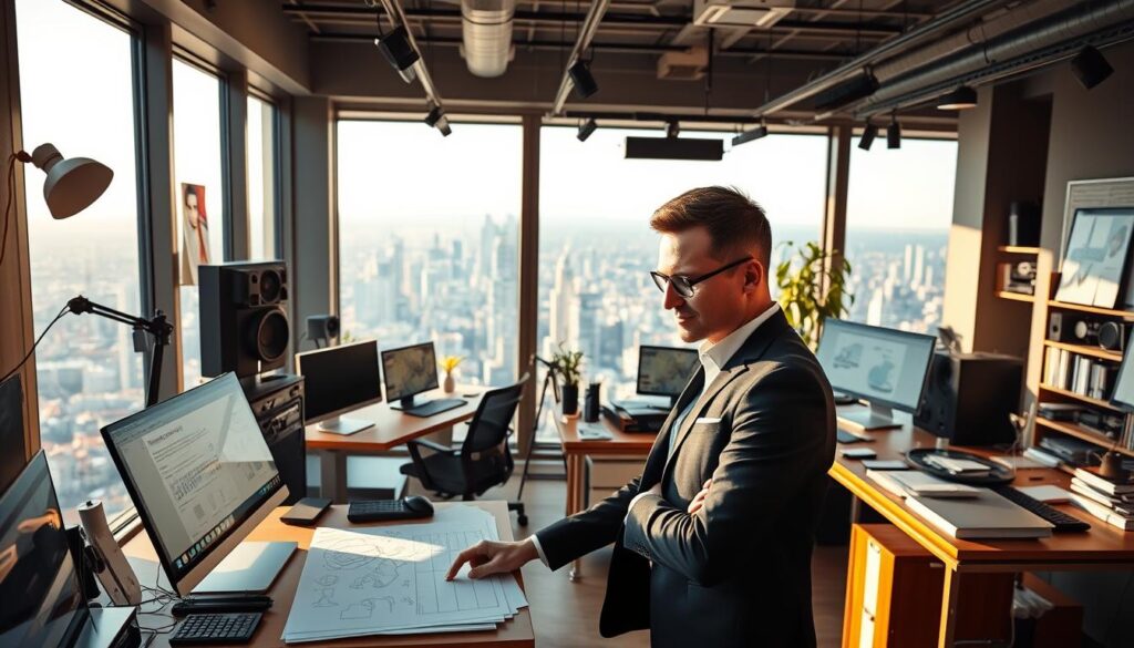 A modern, well-appointed designer's studio with an abundance of high-end equipment and tools, including state-of-the-art computers, tablets, and software. Warm, natural lighting streams in through large windows, casting a soft glow on the workspace. In the foreground, a successful designer dressed in sleek, professional attire is intently focused on their latest project, surrounded by sketches, mood boards, and 3D renderings. The background features a panoramic view of a bustling cityscape, hinting at the designer's affluence and the lucrative nature of their work. The overall scene conveys a sense of creativity, productivity, and financial success.