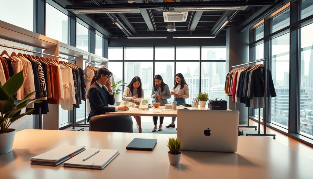 A modern, well-appointed office space belonging to a leading Japanese fashion styling agency. The foreground features a large desk with a sleek laptop, designer stationery, and a potted plant. In the middle ground, several stylish assistants collaborate on mood boards and clothing samples, surrounded by racks of the latest runway looks. The background showcases floor-to-ceiling windows overlooking the bustling city skyline, bathed in warm, directional lighting that creates a professional, aspirational atmosphere. The overall scene conveys the high-energy, detail-oriented nature of the fashion styling industry.