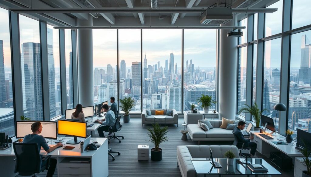 A modern, well-designed office space with floor-to-ceiling windows overlooking a bustling cityscape. Sleek, minimalist furniture and equipment adorn the workspace, creating a sophisticated and productive atmosphere. In the foreground, a group of designers collaborate intently at their desks, their faces illuminated by the warm glow of their computer screens. The middle ground features a communal lounge area with plush seating and a fully stocked kitchen, suggesting a focus on employee well-being and work-life balance. The background showcases the skyline of a vibrant metropolis, hinting at the global reach and ambition of this high-paying design firm.