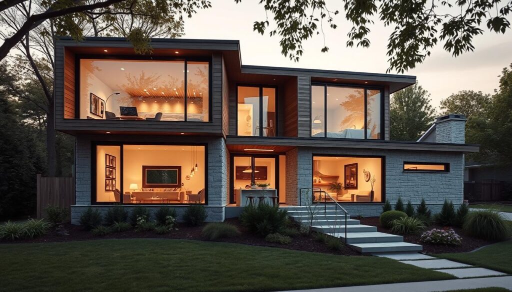 A modern, well-designed single-family home nestled in a peaceful suburban neighborhood. The two-story structure features clean lines, large windows, and a minimalist aesthetic. The exterior is a mix of natural materials like wood and stone, blending seamlessly with the lush, landscaped garden. Soft, diffused sunlight filters through the large windows, creating a warm, inviting atmosphere inside. The layout is optimized for functionality, with an open-concept living area, a sleek kitchen, and well-appointed bedrooms. The overall impression is one of sophisticated, comfortable living, reflecting the expertise and vision of a skilled 2nd-class architect.