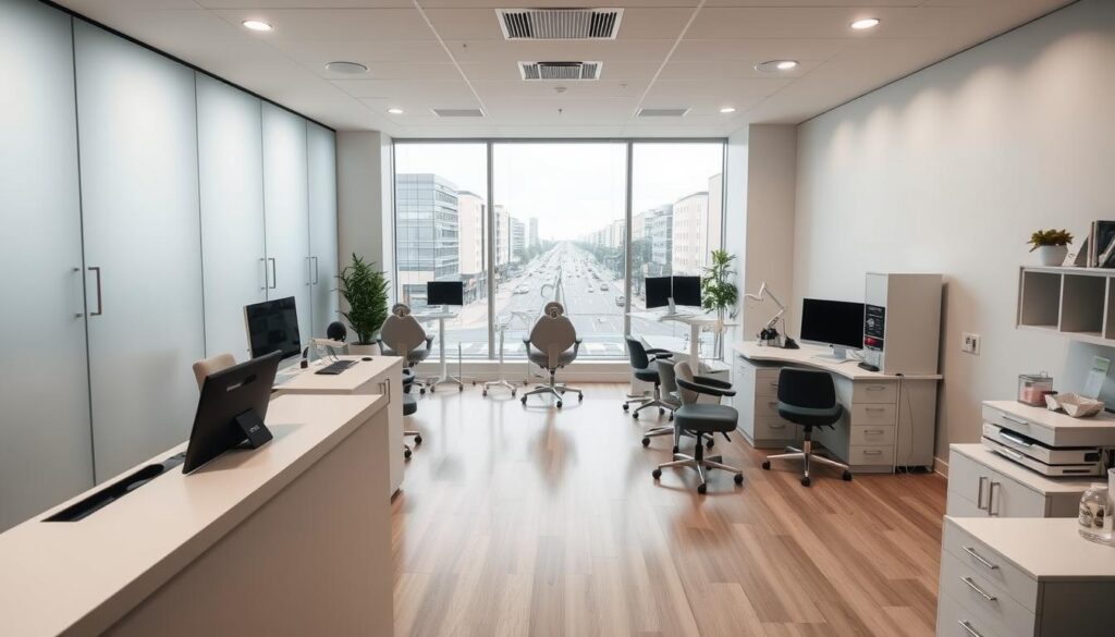 A modern, well-equipped dental clinic interior, with a receptionist's desk in the foreground, tasteful furnishings, and a mix of private treatment rooms and open work stations in the middle ground. Soft, diffused lighting creates a calm, professional atmosphere. In the background, a panoramic window offers a view of a bustling urban street, conveying the sense of the clinic's integration within the community. The scene reflects the varied work settings and collaborative nature of contemporary dental practices.