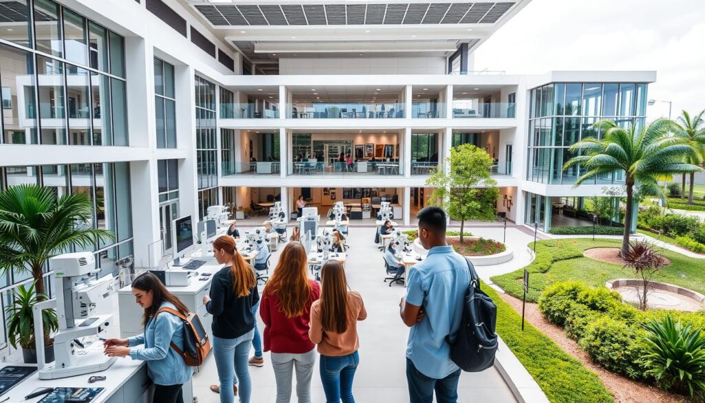 A modern, well-equipped educational institution dedicated to training and certification programs for prospective optometrists. The campus features an elegant, contemporary architecture with clean lines and large windows, allowing ample natural light to fill the interior spaces. In the foreground, a group of students are engaged in hands-on learning activities, utilizing state-of-the-art equipment and tools typical of an optometry clinic. The middle ground showcases lecture halls, study areas, and administrative offices, all designed to facilitate a comprehensive educational experience. The background depicts lush, verdant landscaping and inviting outdoor spaces, creating a serene and conducive environment for academic pursuits.