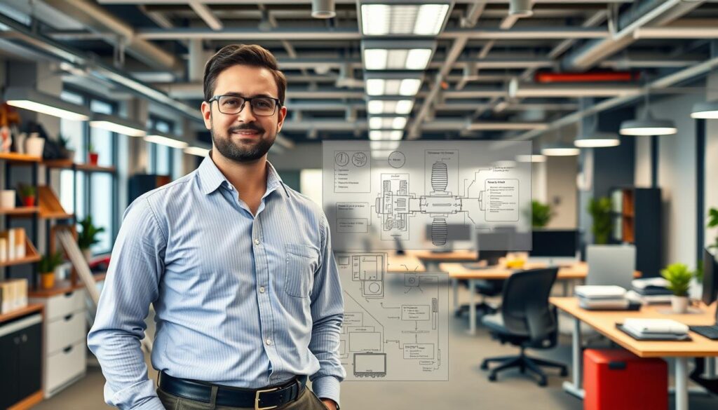 A modern, well-equipped office space with a focus on facility management. In the foreground, a facility manager in a crisp, professional attire stands confidently, surrounded by various tools and equipment related to building maintenance, energy efficiency, and space optimization. The middle ground showcases a detailed diagram or schematic, highlighting the complex systems and infrastructure the facility manager oversees. The background depicts a panoramic view of the office, with efficient lighting, ergonomic furniture, and a clean, organized aesthetic, reflecting the facility manager's attention to detail and ability to create a productive, comfortable work environment. The overall mood is one of professionalism, expertise, and a commitment to maintaining a well-functioning, sustainable facility.