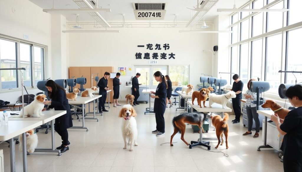 A modern, well-equipped vocational school for professional pet groomers, featuring a bright and airy interior with large windows flooding the classrooms and workshops with natural light. The foreground shows students diligently practicing their grooming techniques on various breeds of dogs, while instructors closely observe and provide guidance. The middle ground showcases specialized equipment such as shampoo stations, grooming tables, and high-velocity dryers. In the background, the school's facade is visible, with a prominent sign displaying the institution's name in Japanese characters. The overall atmosphere conveys a sense of focus, professionalism, and a commitment to preparing students for successful careers as expert trimmers.