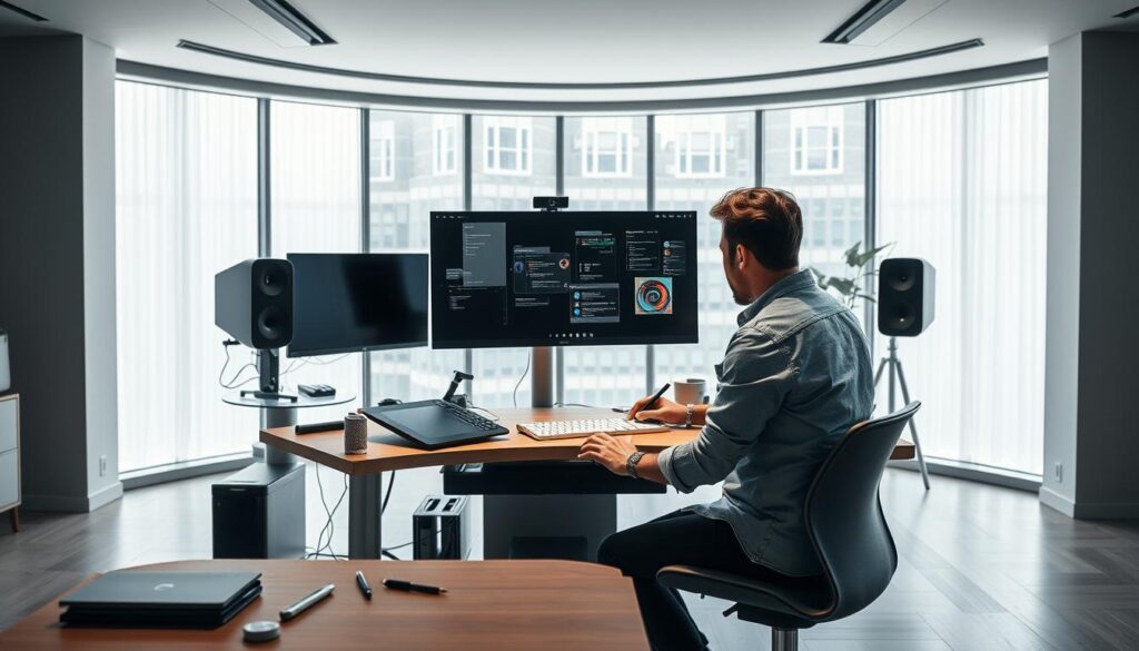 A modern, well-equipped workspace with a sleek, minimalist design. In the foreground, a professional designer sits at a standing desk, intently focused on a high-resolution computer display. Scattered across the desk are a graphics tablet, a stylus, and various digital tools. The middle ground features a large, curved monitor and a streamlined keyboard, creating an efficient and ergonomic setup. In the background, floor-to-ceiling windows allow natural light to flood the room, complemented by soft, ambient lighting. The overall atmosphere conveys a sense of productivity, creativity, and technological advancement, reflecting the latest tools and techniques employed by a skilled conceptual artist.