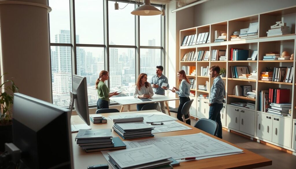 A modern, well-lit architectural office interior with a large window overlooking a cityscape. In the foreground, a desk with a computer, books, and architectural drawings. In the middle ground, a group of young professionals discussing plans and sketches around a conference table. In the background, shelves filled with architectural models, reference books, and industry certifications. A warm, professional atmosphere conveying the process of becoming a licensed architect.