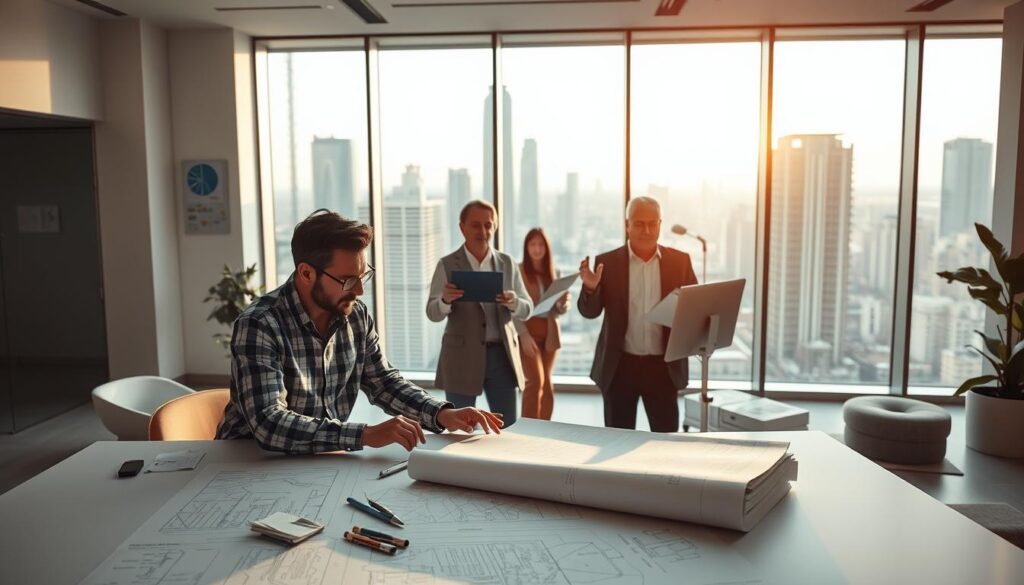 A modern, well-lit architectural office interior. In the foreground, an architect carefully reviews blueprints and construction documents on a large drafting table, deep in concentration. In the middle ground, several colleagues collaborate on 3D modeling software, while a senior architect gestures animatedly, explaining their design vision. The background features floor-to-ceiling windows overlooking a bustling cityscape, bathing the space in warm, natural light. Subtle mood lighting, clean lines, and minimalist decor create a professional, productive atmosphere conducive to the diverse responsibilities of an architect's work - from conceptual design to project management and client presentations.