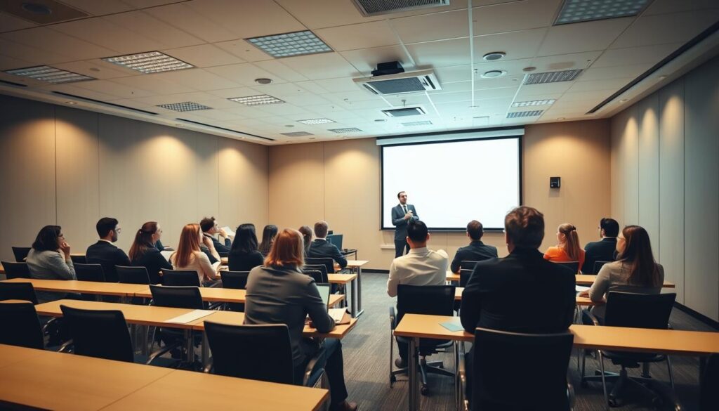 A modern, well-lit classroom setting with rows of desks and chairs, a large whiteboard or projection screen at the front, and an attentive group of trainees engaged in a collaborative learning session. The scene has a professional yet dynamic atmosphere, with the trainees actively participating in discussions or presentations. Warm, directional lighting illuminates the space, creating a sense of focus and engagement. The overall composition emphasizes the importance of the educational and training process for professionals, such as compensation consultants, in developing their skills and knowledge.