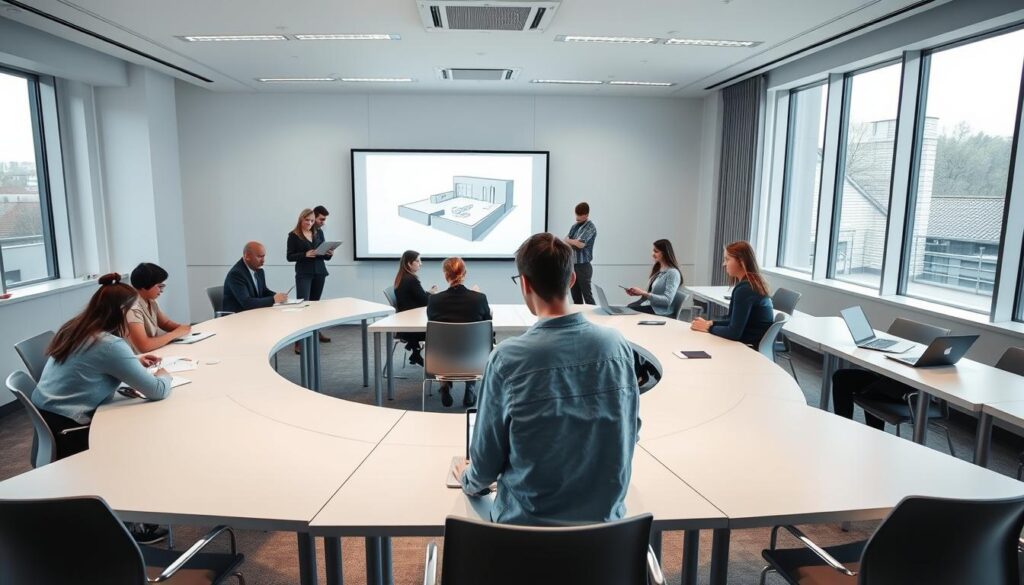 A modern, well-lit classroom with sleek, minimalist desks and chairs arranged in a semicircle. The focal point is a large whiteboard or projection screen displaying a 3D model of an interior space. Students, dressed in casual yet professional attire, are engaged in animated discussions, sketching ideas in notebooks or collaborating on laptops. Soft, indirect lighting filters in through large windows, creating a warm, inviting atmosphere conducive to creative learning. The overall scene conveys a sense of dynamism, exploration and the pursuit of spatial design excellence.