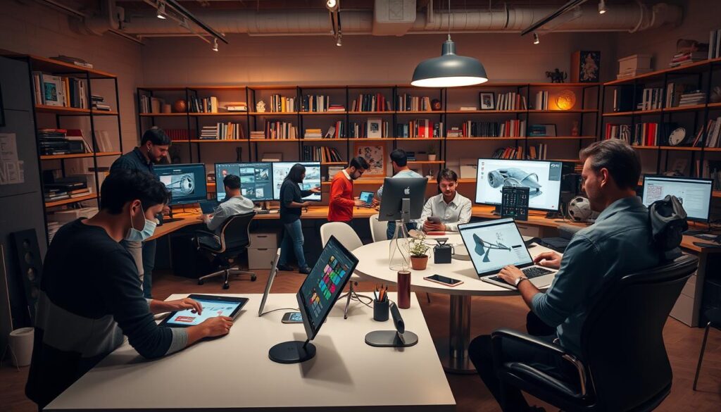 A modern, well-lit design studio with a team of creative professionals collaborating on various digital and print projects. In the foreground, a designer sits at a sleek, minimalist workstation, intently focused on a tablet as they refine a UI mockup. Nearby, another designer reviews color palettes and typography on a large curved monitor. In the middle ground, a 3D modeler manipulates a complex CAD model on a high-powered workstation, while a content strategist and copywriter discuss ideas at a round conference table. The background features shelves filled with design books, mood boards, and inspirational tchotchkes. Warm, directional lighting casts a focused, productive atmosphere throughout the space.