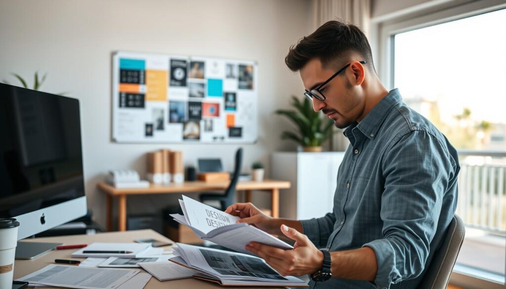 A modern, well-lit home office setting with a desk, computer, and various design tools and materials. In the foreground, a design professional, dressed in casual yet professional attire, intently studying design books and papers, with a pensive expression. The middle ground features an inspirational mood board on the wall, showcasing color palettes, typography, and visual references. The background depicts floor-to-ceiling windows, allowing natural light to flood the space and create a bright, airy atmosphere conducive to creative work. The overall scene conveys a sense of focus, dedication, and the continuous pursuit of knowledge in the field of design production.