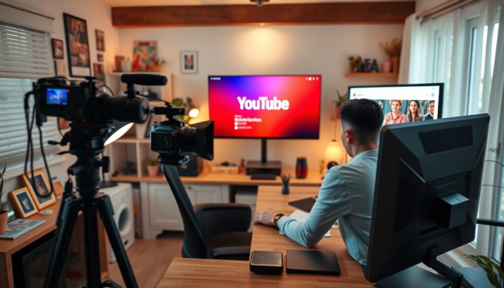 A modern, well-lit home office with a desk, computer, and professional camera equipment. In the foreground, a person is sitting at the desk, intently focused on the computer screen, their hands poised over the keyboard. Surrounding the desk are various personal and professional mementos, hinting at the YouTuber's passions and interests. The middle ground features a large, high-definition monitor displaying a bright, colorful YouTube channel layout, with the channel name "YouTubeチャンネル開設" prominently displayed. The background is filled with a warm, inviting ambiance, with soft lighting and a cozy, productive atmosphere, suggesting the individual's dedication to their creative endeavors.